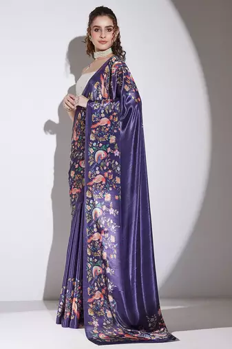 Purple floral satin satin regular saree with blouse