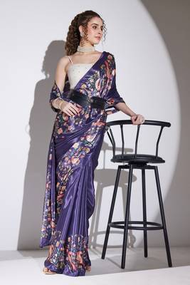 Purple floral satin satin regular saree with blouse 4