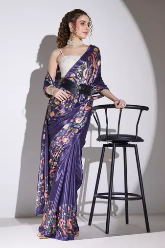 Purple floral satin satin regular saree with blouse