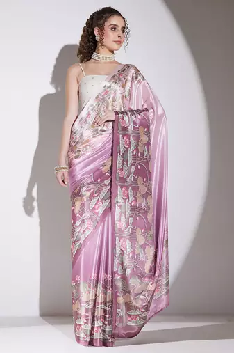 Wine floral satin satin regular saree with blouse