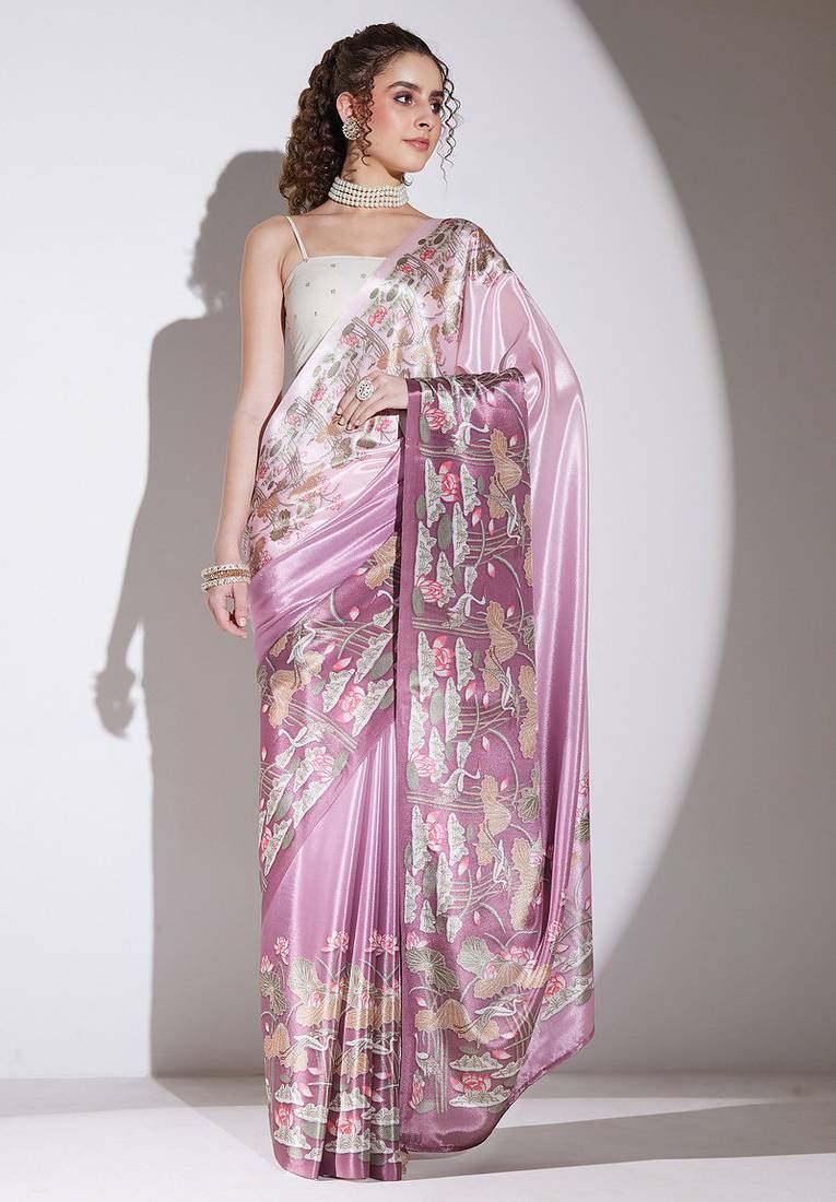 Wine floral satin satin regular saree with blouse
