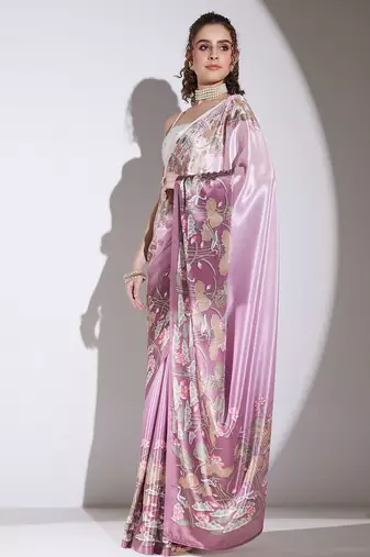 Wine floral satin satin regular saree with blouse