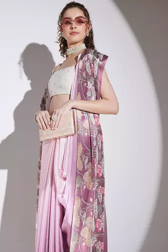 Wine floral satin satin regular saree with blouse