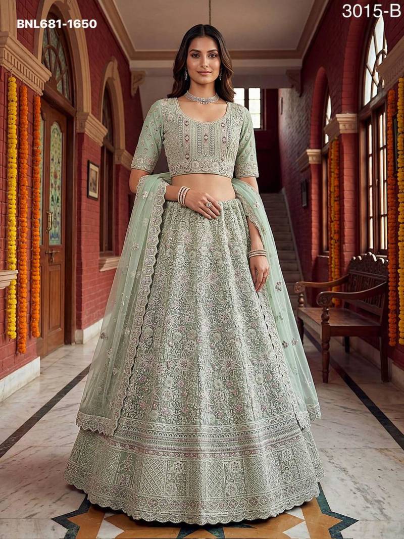 sea green net embroidered lehenga choli