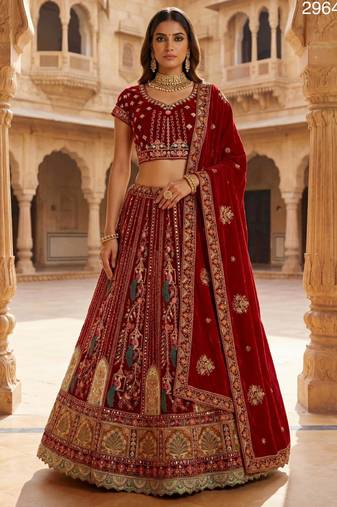 maroon velvet embroidered lehenga choli