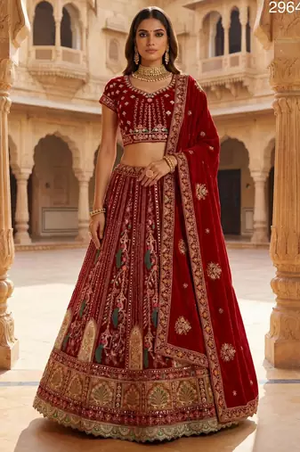 maroon velvet embroidered lehenga choli