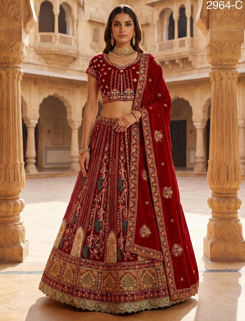 maroon velvet embroidered lehenga choli