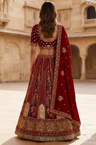 maroon velvet embroidered lehenga choli