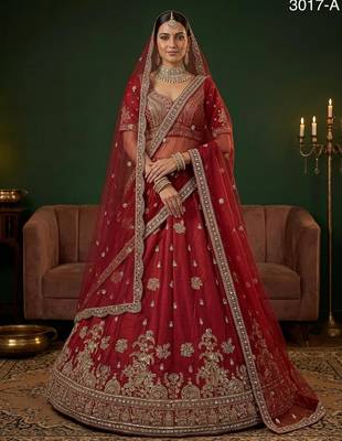 red silk blend embroidered lehenga choli 1