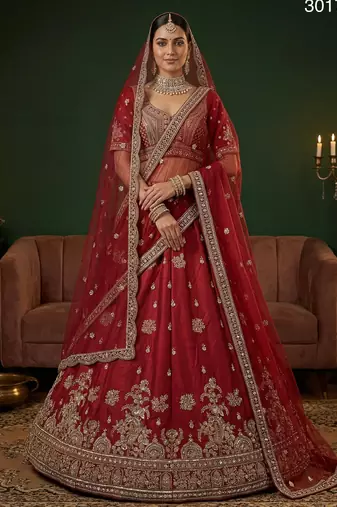 red silk blend embroidered lehenga choli