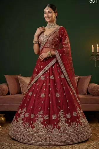 red silk blend embroidered lehenga choli