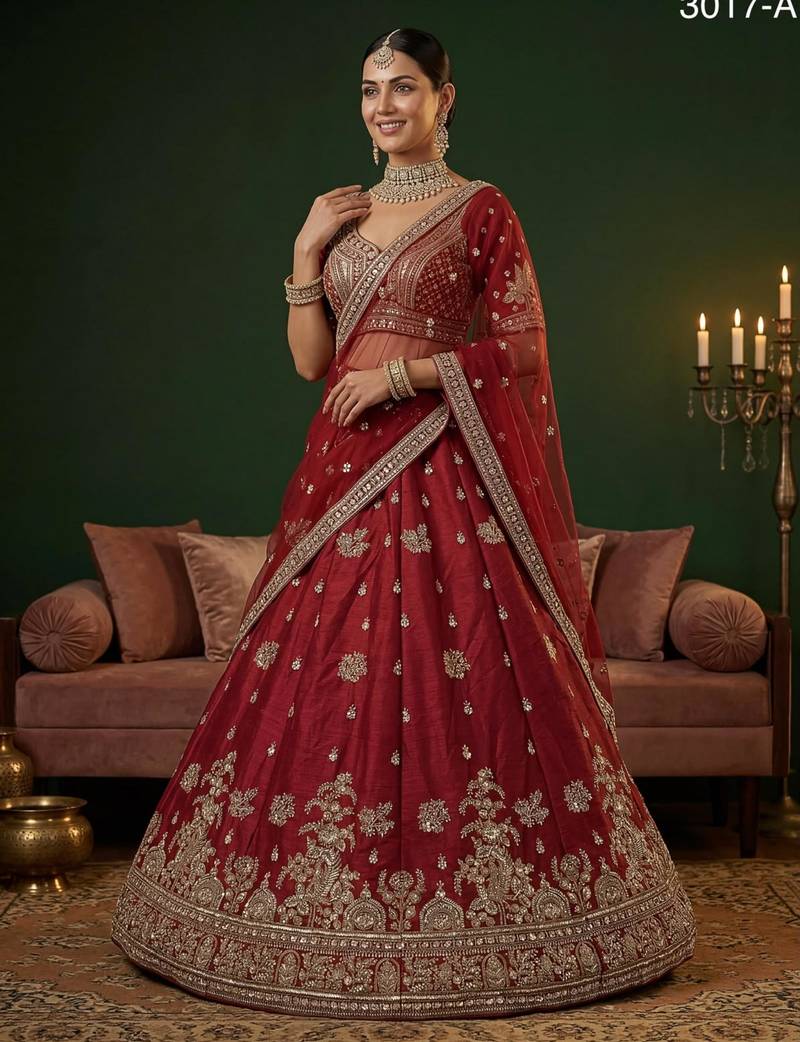 red silk blend embroidered lehenga choli