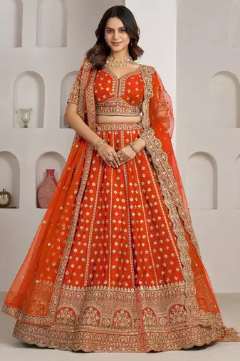 Trendy Rust Double Dupatta Bridal Lehenga Collection