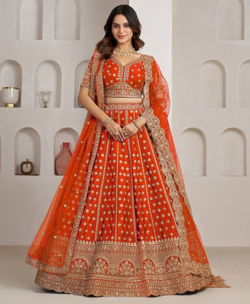 Trendy Rust Double Dupatta Bridal Lehenga Collection