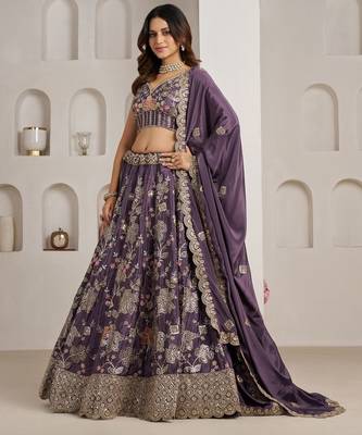 Trendy Purple Lehenga choli with Elegant Golden Floral Design 1