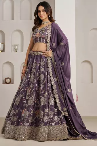 Trendy Purple Lehenga choli with Elegant Golden Floral Design