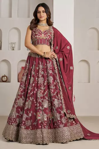 Stylish Maroon Lehenga Choli with Rich Golden Floral Craftsmanship