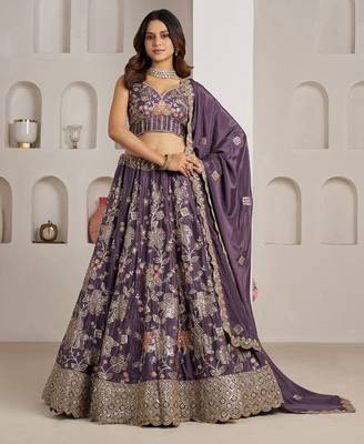 Trendy Purple Lehenga choli with Elegant Golden Floral Design 2