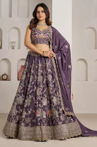Trendy Purple Lehenga choli with Elegant Golden Floral Design
