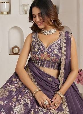 Trendy Purple Lehenga choli with Elegant Golden Floral Design 3