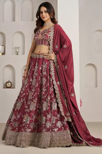 Stylish Maroon Lehenga Choli with Rich Golden Floral Craftsmanship