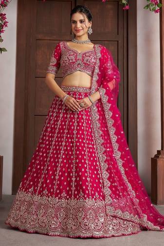 Elegant Rani Pink Lehenga with Heavy Silver zari and  Beads Detailing.