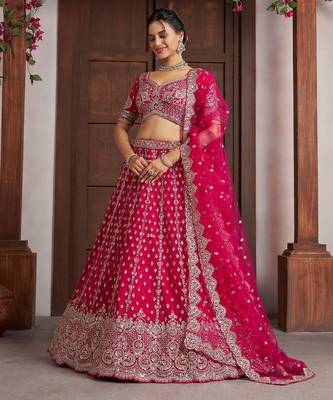 Elegant Rani Pink Lehenga with Heavy Silver zari and  Beads Detailing. 2