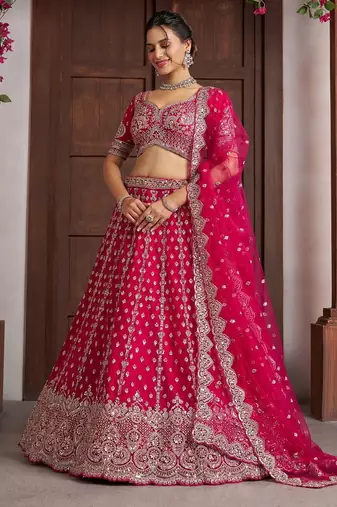 Elegant Rani Pink Lehenga with Heavy Silver zari and  Beads Detailing.