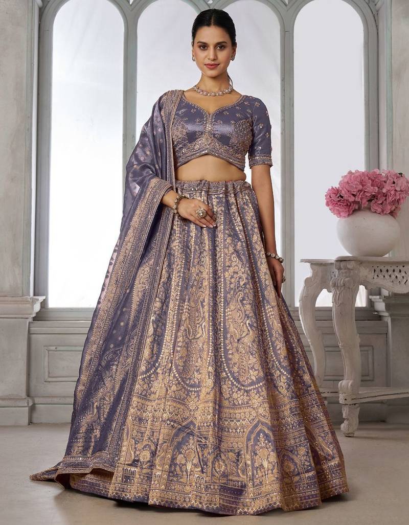 Luxurious Purple Jari Tissue Lehenga Adorned with Delicate Beadwork
