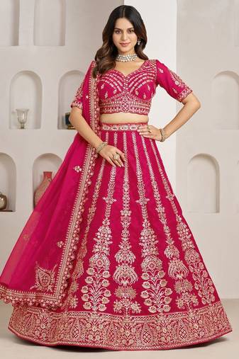 Classic Rani Silk Bridal Lehenga with Floral Zari Embroidery