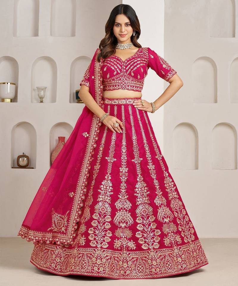 Classic Rani Silk Bridal Lehenga with Floral Zari Embroidery