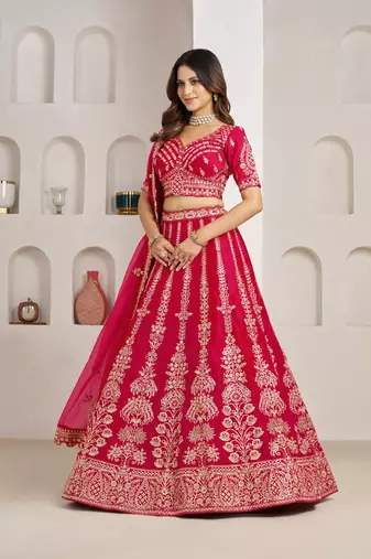 Classic Rani Silk Bridal Lehenga with Floral Zari Embroidery