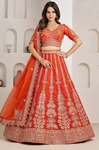 Graceful Rust Lehenga with Intricate Floral Embroidery