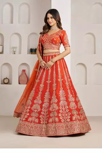 Graceful Rust Lehenga with Intricate Floral Embroidery