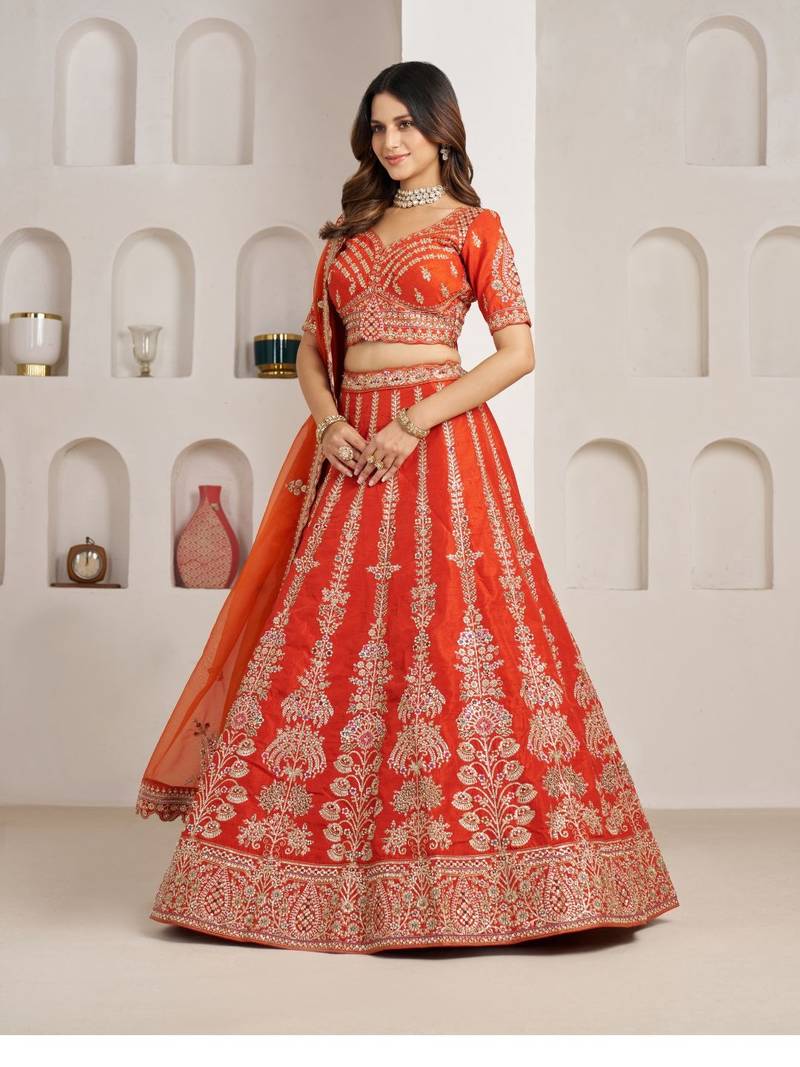 Graceful Rust Lehenga with Intricate Floral Embroidery