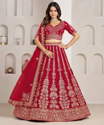 Red Wedding Lehenga Adorned with Floral Zari Embroidery 1