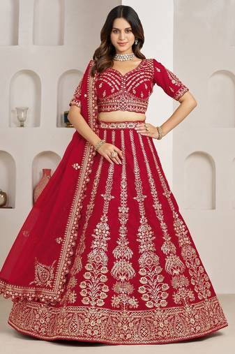 Red Wedding Lehenga Adorned with Floral Zari Embroidery
