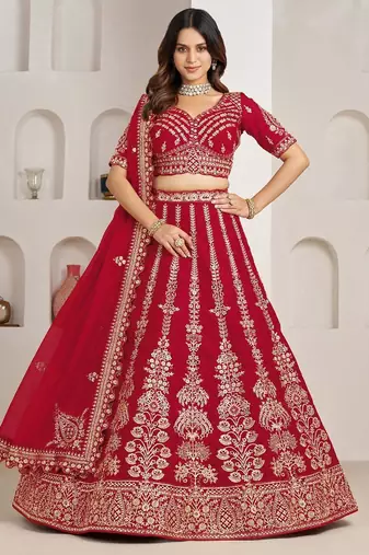 Red Wedding Lehenga Adorned with Floral Zari Embroidery