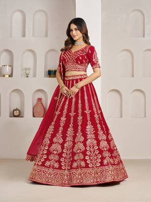 Red Wedding Lehenga Adorned with Floral Zari Embroidery 2