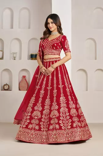 Red Wedding Lehenga Adorned with Floral Zari Embroidery