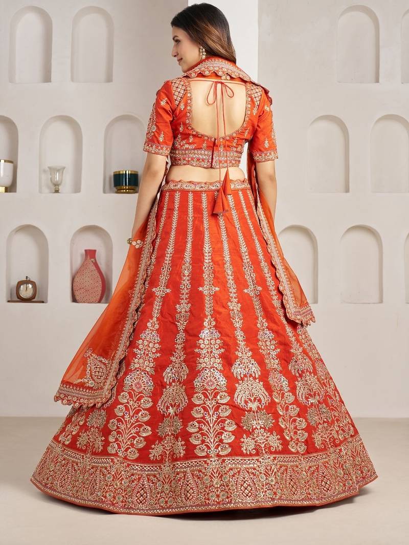 Graceful Rust Lehenga with Intricate Floral Embroidery