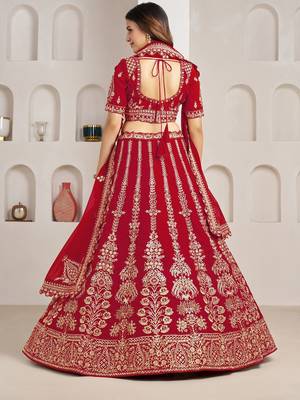 Red Wedding Lehenga Adorned with Floral Zari Embroidery 3