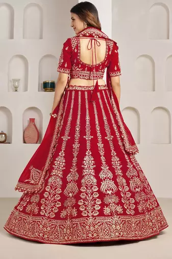 Red Wedding Lehenga Adorned with Floral Zari Embroidery