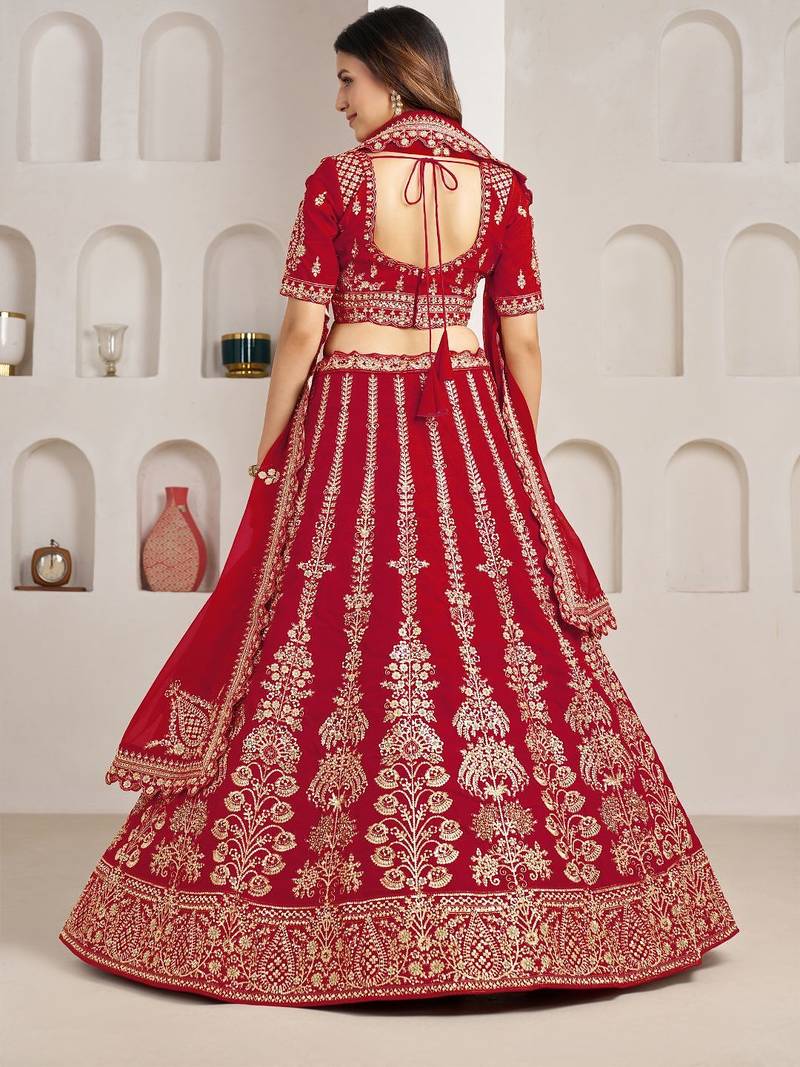 Red Wedding Lehenga Adorned with Floral Zari Embroidery