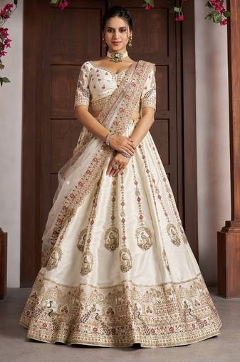 Luxurious White Lehenga with Elegant Thread & Peacock Design