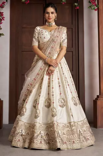 Luxurious White Lehenga with Elegant Thread & Peacock Design