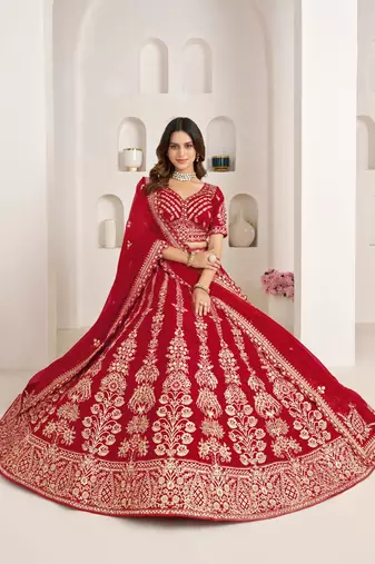 Red Wedding Lehenga Adorned with Floral Zari Embroidery