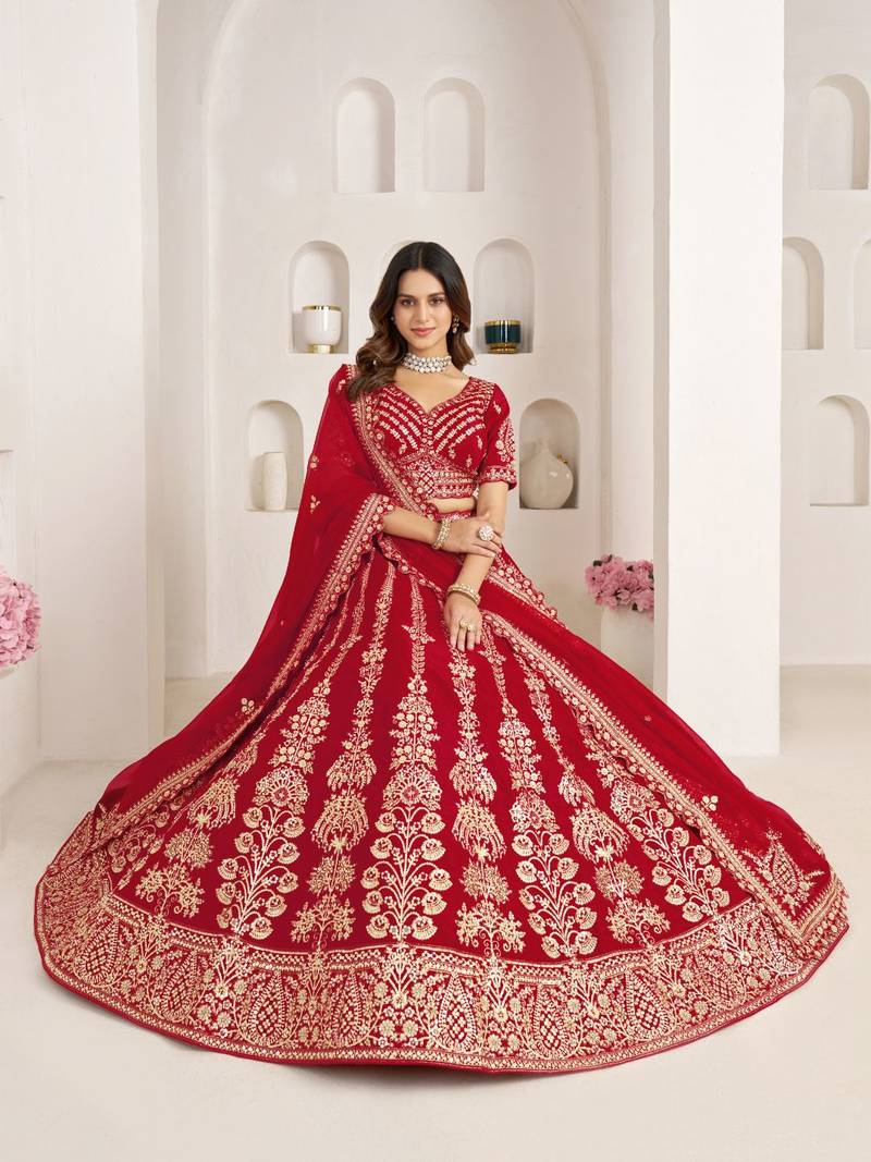 Red Wedding Lehenga Adorned with Floral Zari Embroidery