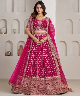 Elegant Rani Bridal Lehenga with Double Dupatta Styling 1
