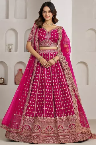 Elegant Rani Bridal Lehenga with Double Dupatta Styling